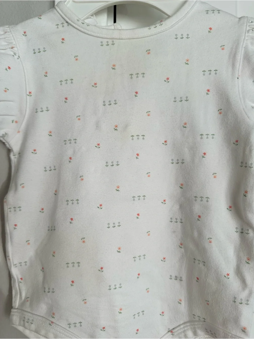 Cherokee baby play-wear. White Baby Onesie with Tiny Pink & Green Floral Print